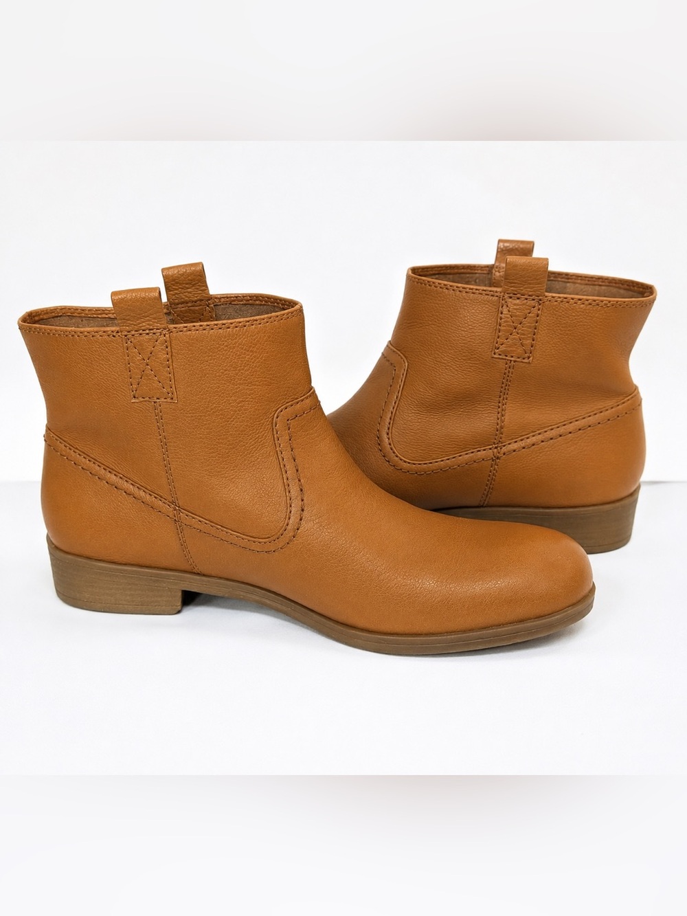 Nine West Leather Ankle Boots Cognac Brown Low Heel Pull On Booties